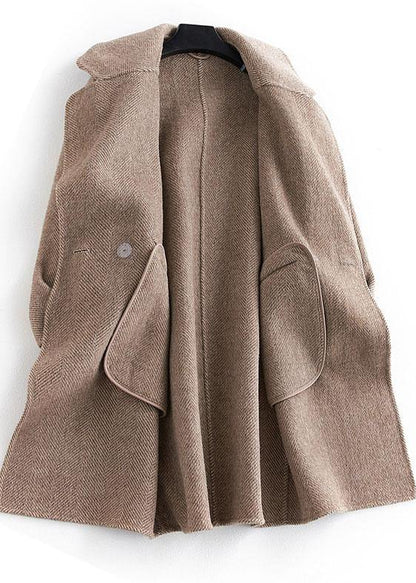 Pockets Outwear Khaki Notched Woolen Coat