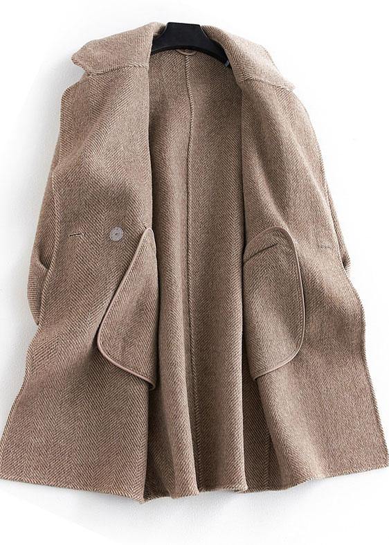 Pockets Outwear Khaki Notched Woolen Coat
