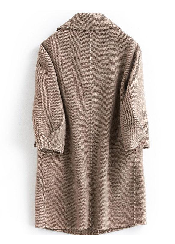 Pockets Outwear Khaki Notched Woolen Coat