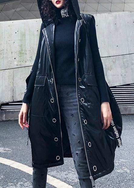 Sleeveless Warm Winter Coat Black Hooded Zippered Parka