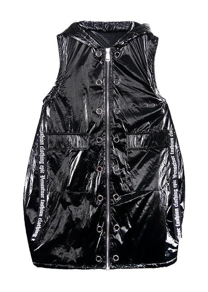 Sleeveless Warm Winter Coat Black Hooded Zippered Parka