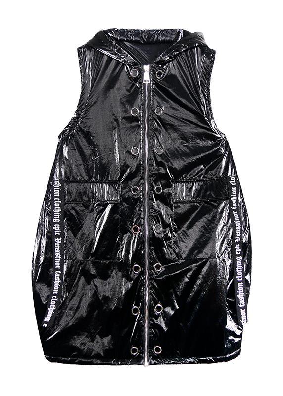 Sleeveless Warm Winter Coat Black Hooded Zippered Parka