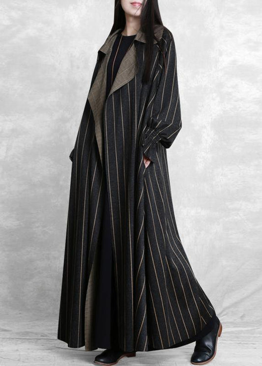 Trench Coat Dark Gray Striped Notched Pockets Wool Coat for Woman