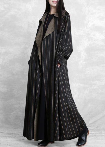 Trench Coat Dark Gray Striped Notched Pockets Wool Coat for Woman