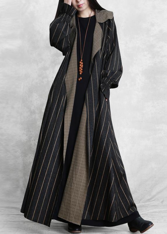 Trench Coat Dark Gray Striped Notched Pockets Wool Coat for Woman