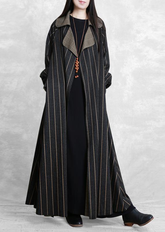 Trench Coat Dark Gray Striped Notched Pockets Wool Coat for Woman