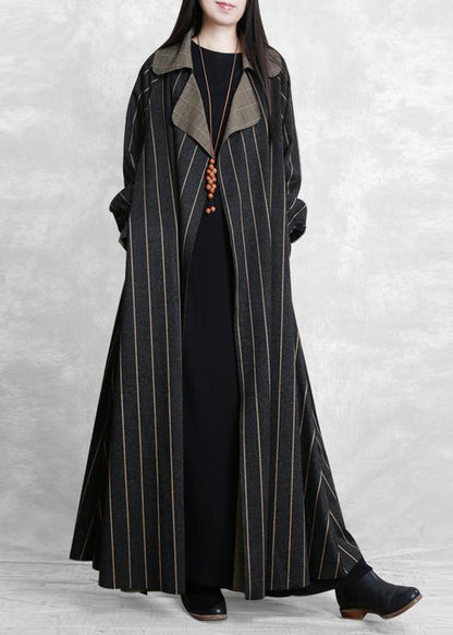 Trench Coat Dark Gray Striped Notched Pockets Wool Coat for Woman