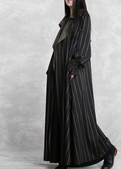Trench Coat Dark Gray Striped Notched Pockets Wool Coat for Woman