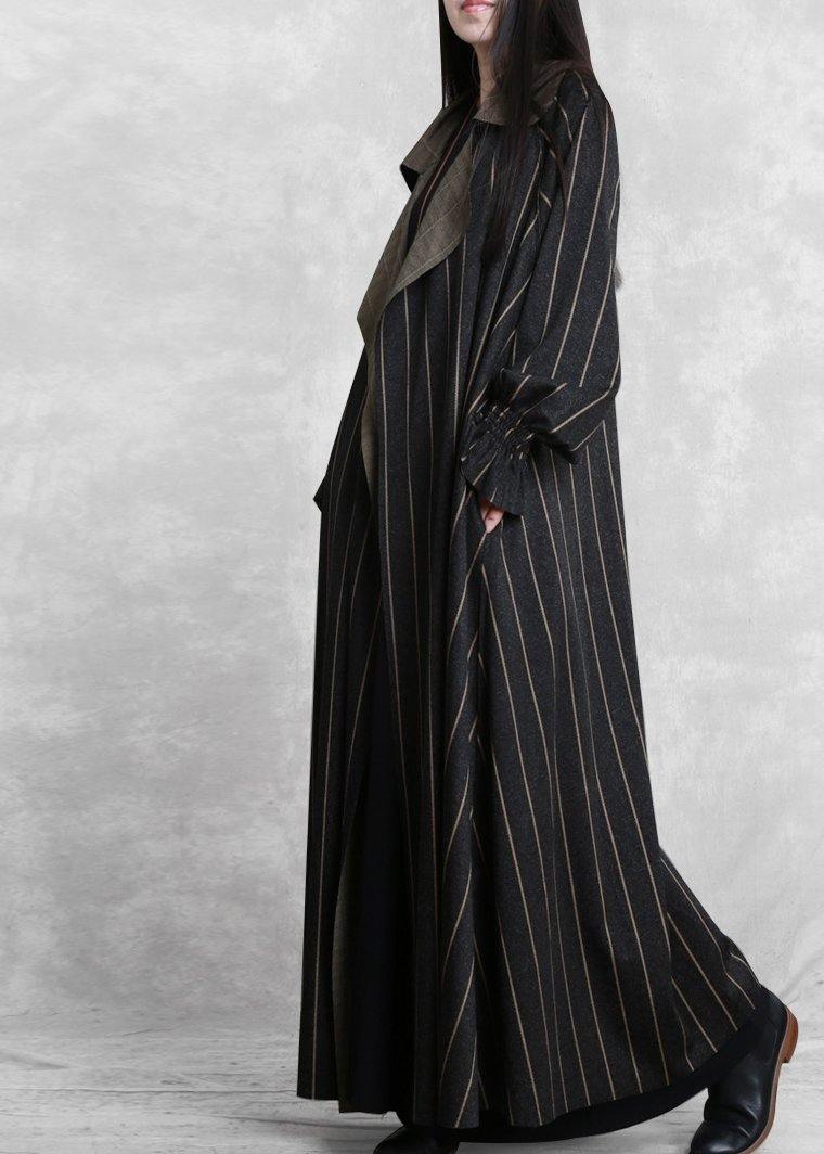 Trench Coat Dark Gray Striped Notched Pockets Wool Coat for Woman