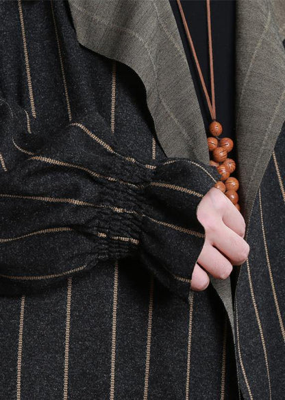 Trench Coat Dark Gray Striped Notched Pockets Wool Coat for Woman