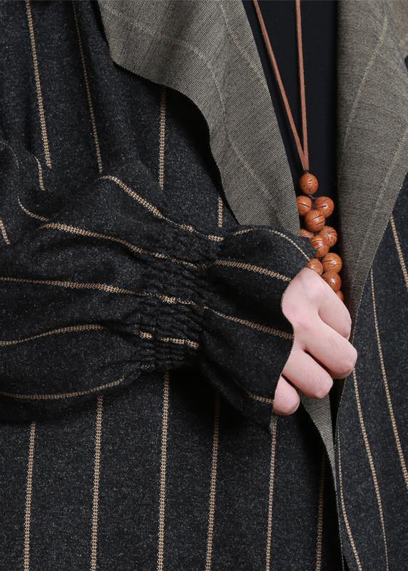 Trench Coat Dark Gray Striped Notched Pockets Wool Coat for Woman