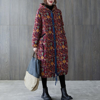 Warm Winter Coat Winter Coats Burgundy Print Hooded Pockets Coat