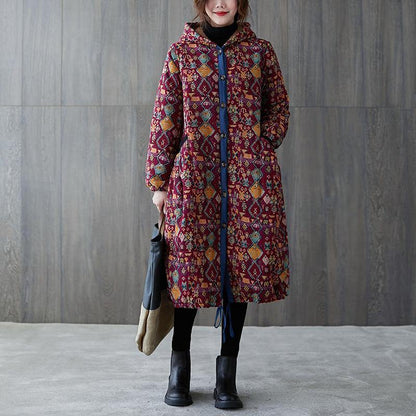 Warm Winter Coat Winter Coats Burgundy Print Hooded Pockets Coat