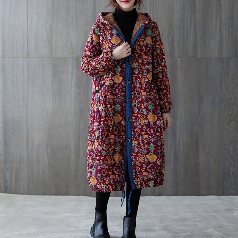 Warm Winter Coat Winter Coats Burgundy Print Hooded Pockets Coat
