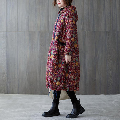 Warm Winter Coat Winter Coats Burgundy Print Hooded Pockets Coat