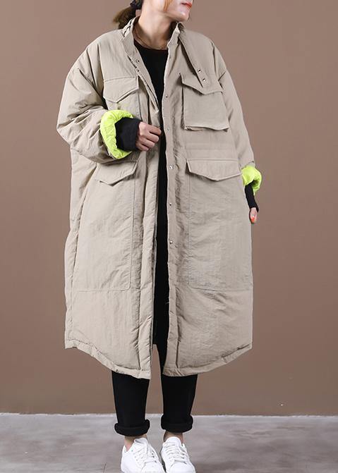Winter Jacket Pockets Khaki Stand Collar Asymmetric Warm Winter Coat