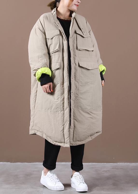 Winter Jacket Pockets Khaki Stand Collar Asymmetric Warm Winter Coat