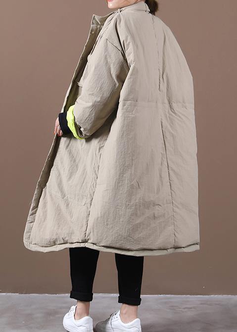 Winter Jacket Pockets Khaki Stand Collar Asymmetric Warm Winter Coat