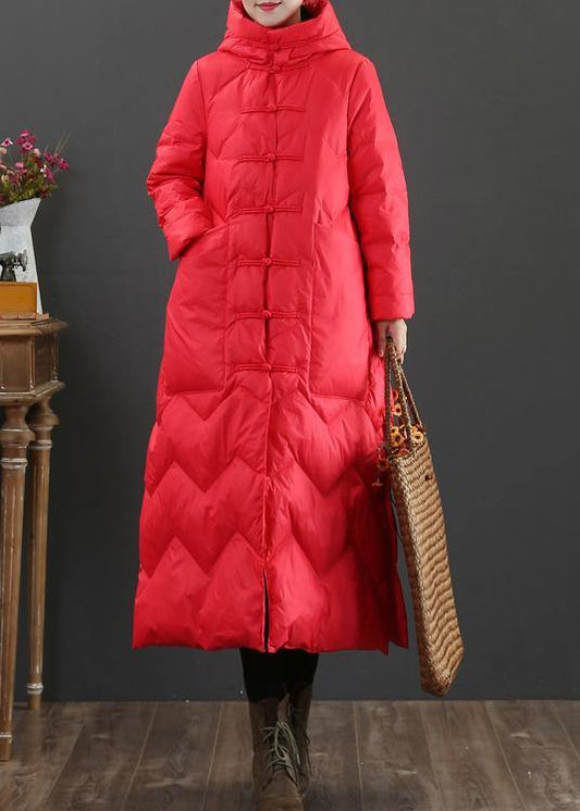 Winter Outwear Red Hooded Chinese Button Duck Down Coat