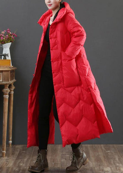 Winter Outwear Red Hooded Chinese Button Duck Down Coat