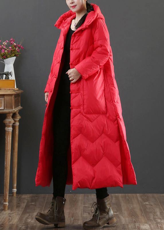 Winter Outwear Red Hooded Chinese Button Duck Down Coat