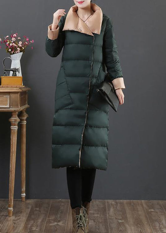 Parka Overcoat Blackish Green Stand Collar Pockets Duck Down Coat