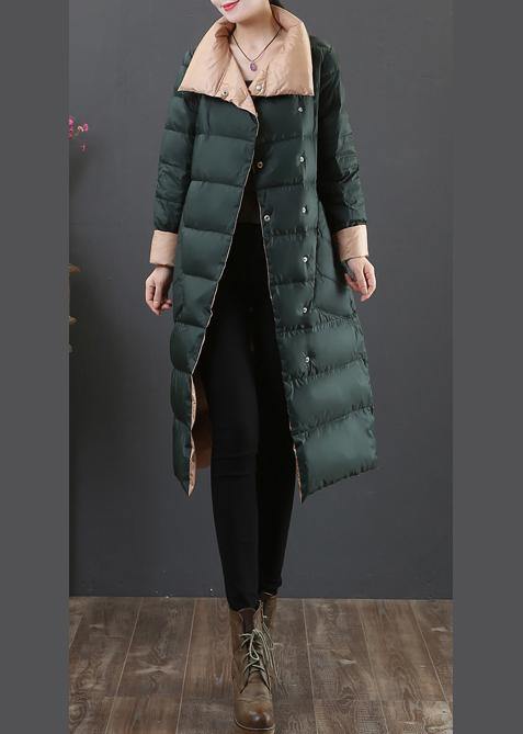 Parka Overcoat Blackish Green Stand Collar Pockets Duck Down Coat