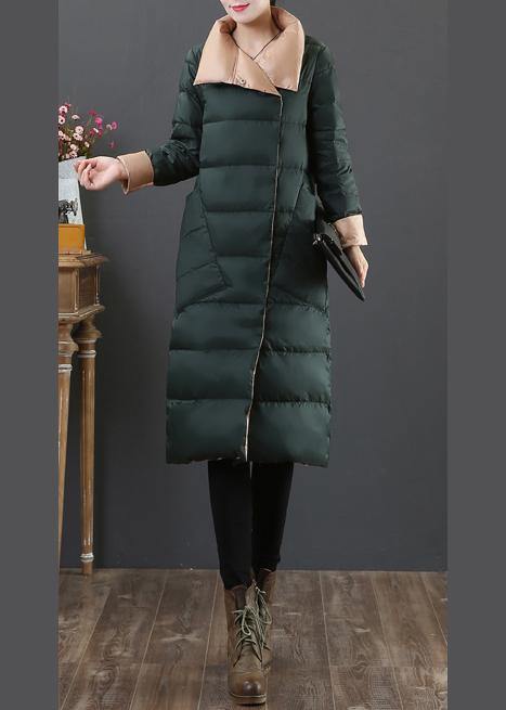 Parka Overcoat Blackish Green Stand Collar Pockets Duck Down Coat