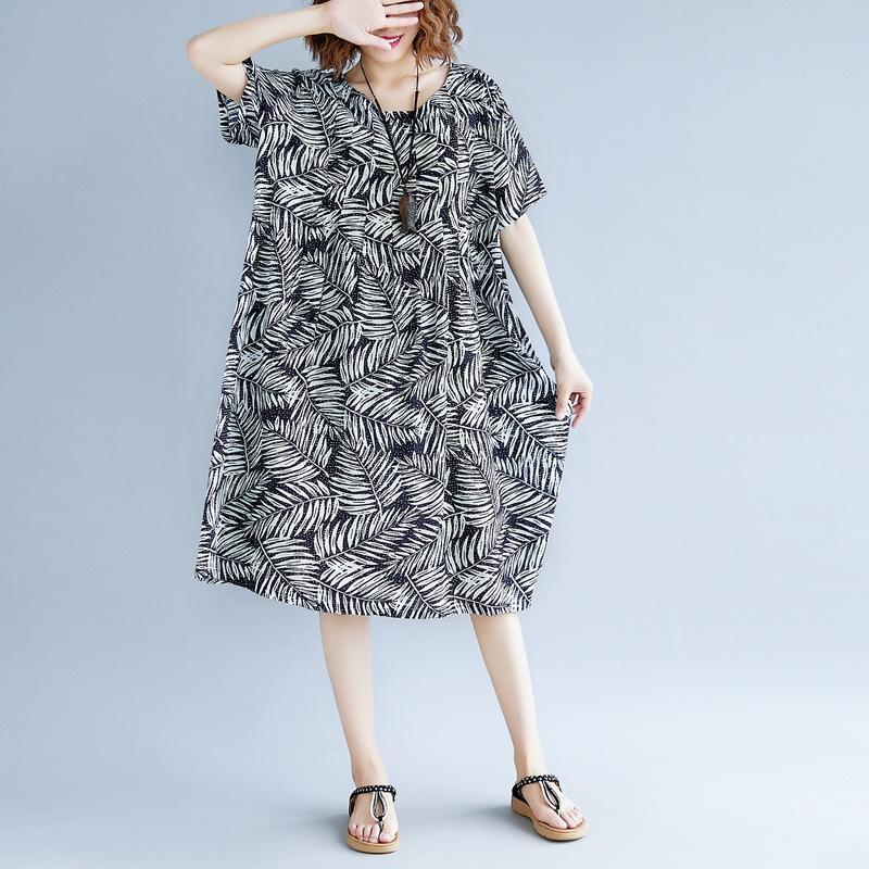 Print Cotton Linen Dresses Clothing Short Sleeve Baggy Dresses New O Neck Traveling Dress