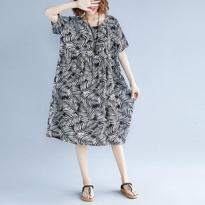 Print Cotton Linen Dresses Clothing Short Sleeve Baggy Dresses New O Neck Traveling Dress