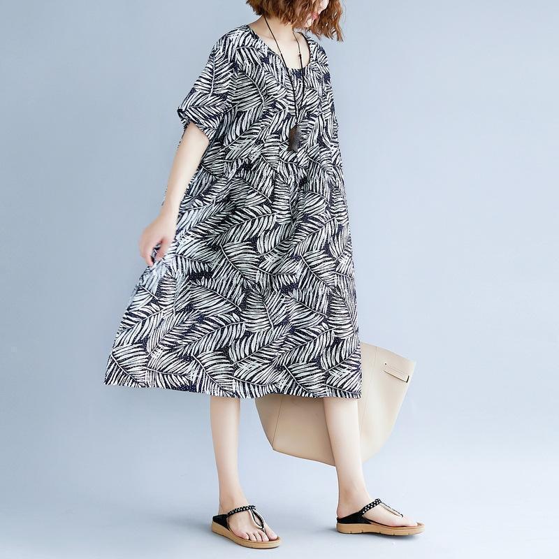 Print Cotton Linen Dresses Clothing Short Sleeve Baggy Dresses New O Neck Traveling Dress