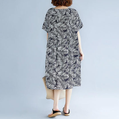 Print Cotton Linen Dresses Clothing Short Sleeve Baggy Dresses New O Neck Traveling Dress
