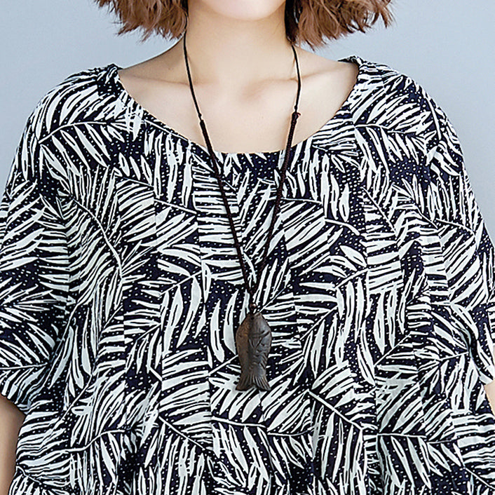 Print Cotton Linen Dresses Clothing Short Sleeve Baggy Dresses New O Neck Traveling Dress