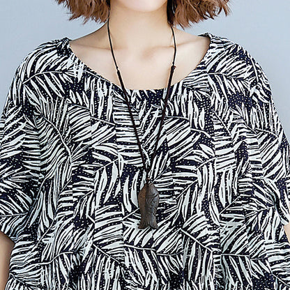 Print Cotton Linen Dresses Clothing Short Sleeve Baggy Dresses New O Neck Traveling Dress