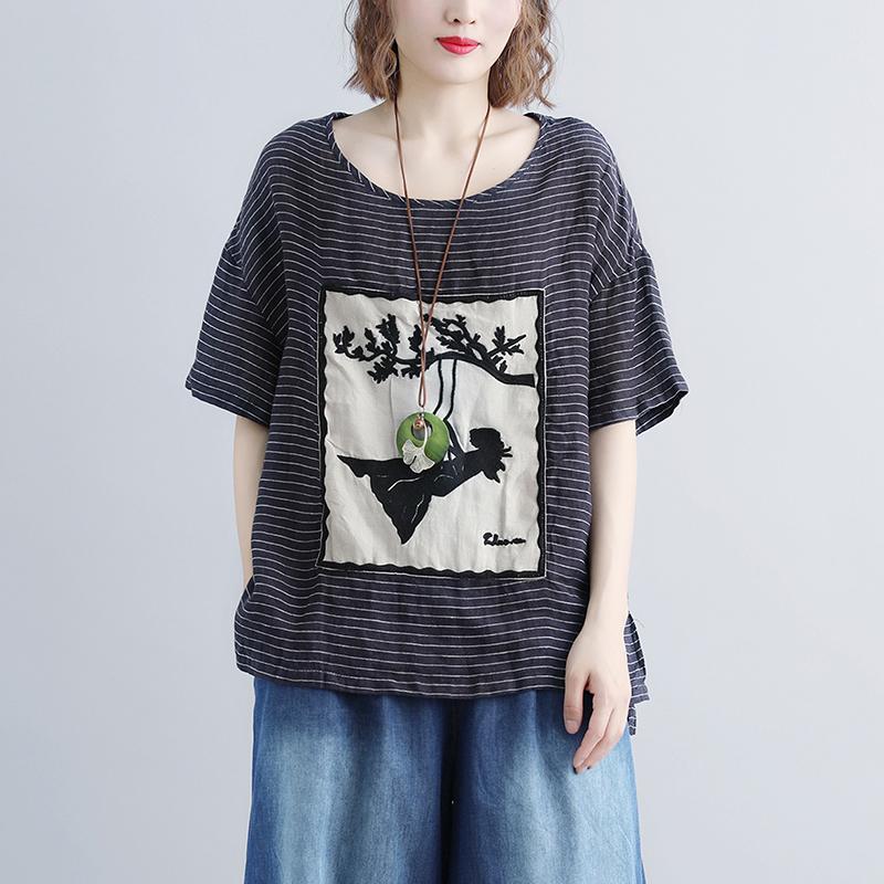 Pure Linen Tops Oversized Stripe Short Sleeve Embroidery High-low Hem Tops