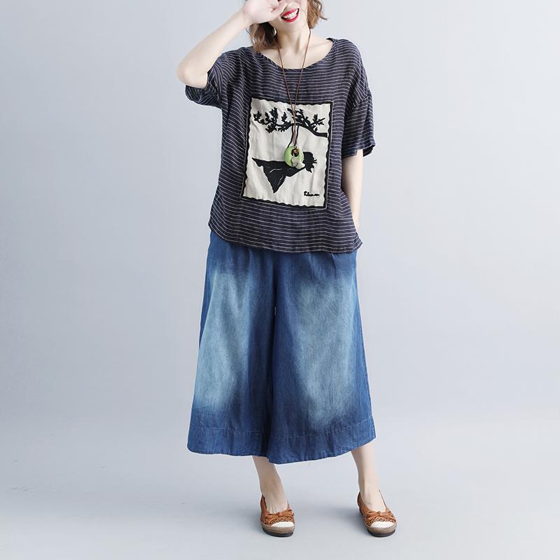 Pure Linen Tops Oversized Stripe Short Sleeve Embroidery High-low Hem Tops