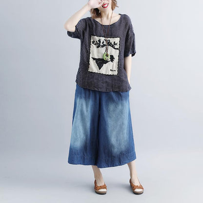 Pure Linen Tops Oversized Stripe Short Sleeve Embroidery High-low Hem Tops