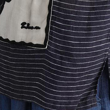 Pure Linen Tops Oversized Stripe Short Sleeve Embroidery High-low Hem Tops