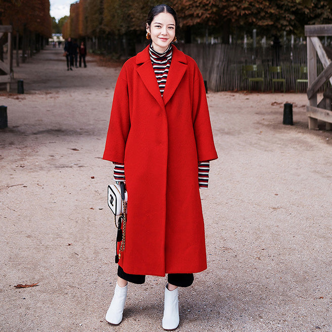 Red Winter Coat Notched Wool Coat Pockets Tie Waist Wool Jackets
