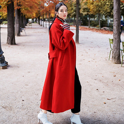Red Winter Coat Notched Wool Coat Pockets Tie Waist Wool Jackets