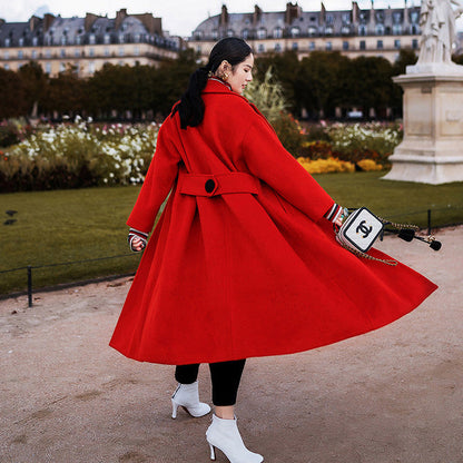 Red Winter Coat Notched Wool Coat Pockets Tie Waist Wool Jackets