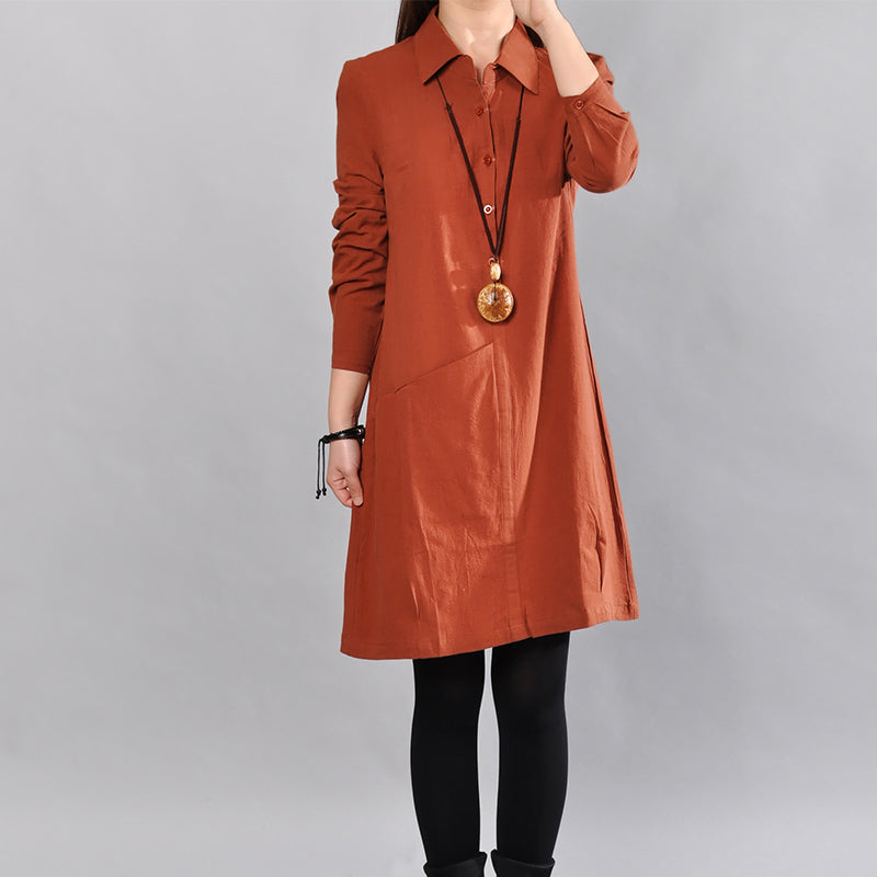 Red Cotton Dress Linen Dress Fine Big Pockets Long Sleeve Cotton Shirt Clothing
