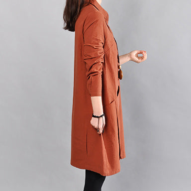 Red Cotton Dress Linen Dress Fine Big Pockets Long Sleeve Cotton Shirt Clothing