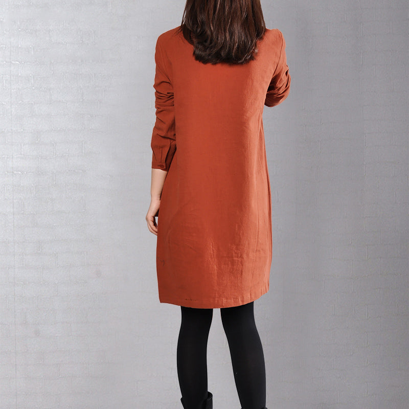 Red Cotton Dress Linen Dress Fine Big Pockets Long Sleeve Cotton Shirt Clothing