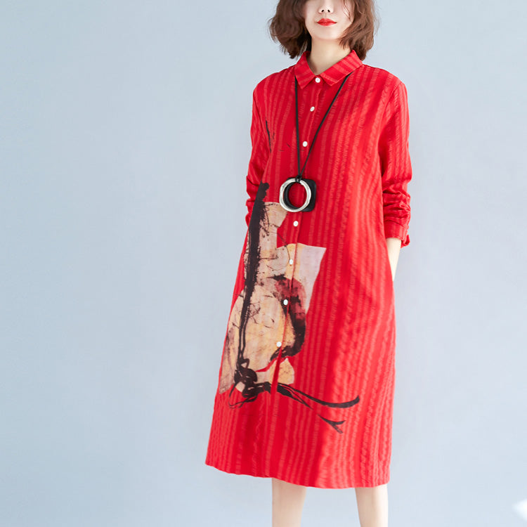 Red Cotton Shift Shirt Dresses Holiday Dresses Long Sleeve Turn-down Collar Cotton Shirt Dress