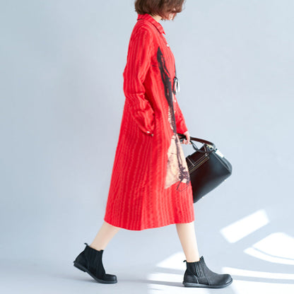 Red Cotton Shift Shirt Dresses Holiday Dresses Long Sleeve Turn-down Collar Cotton Shirt Dress