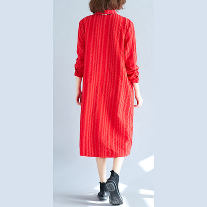 Red Cotton Shift Shirt Dresses Holiday Dresses Long Sleeve Turn-down Collar Cotton Shirt Dress