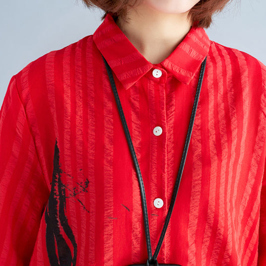 Red Cotton Shift Shirt Dresses Holiday Dresses Long Sleeve Turn-down Collar Cotton Shirt Dress