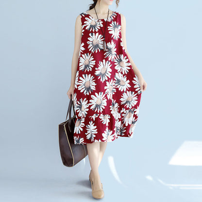 Red Linen Dresses Oversize Traveling Dress Fine Sleeveless Cotton Dresses