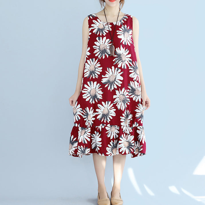Red Linen Dresses Oversize Traveling Dress Fine Sleeveless Cotton Dresses